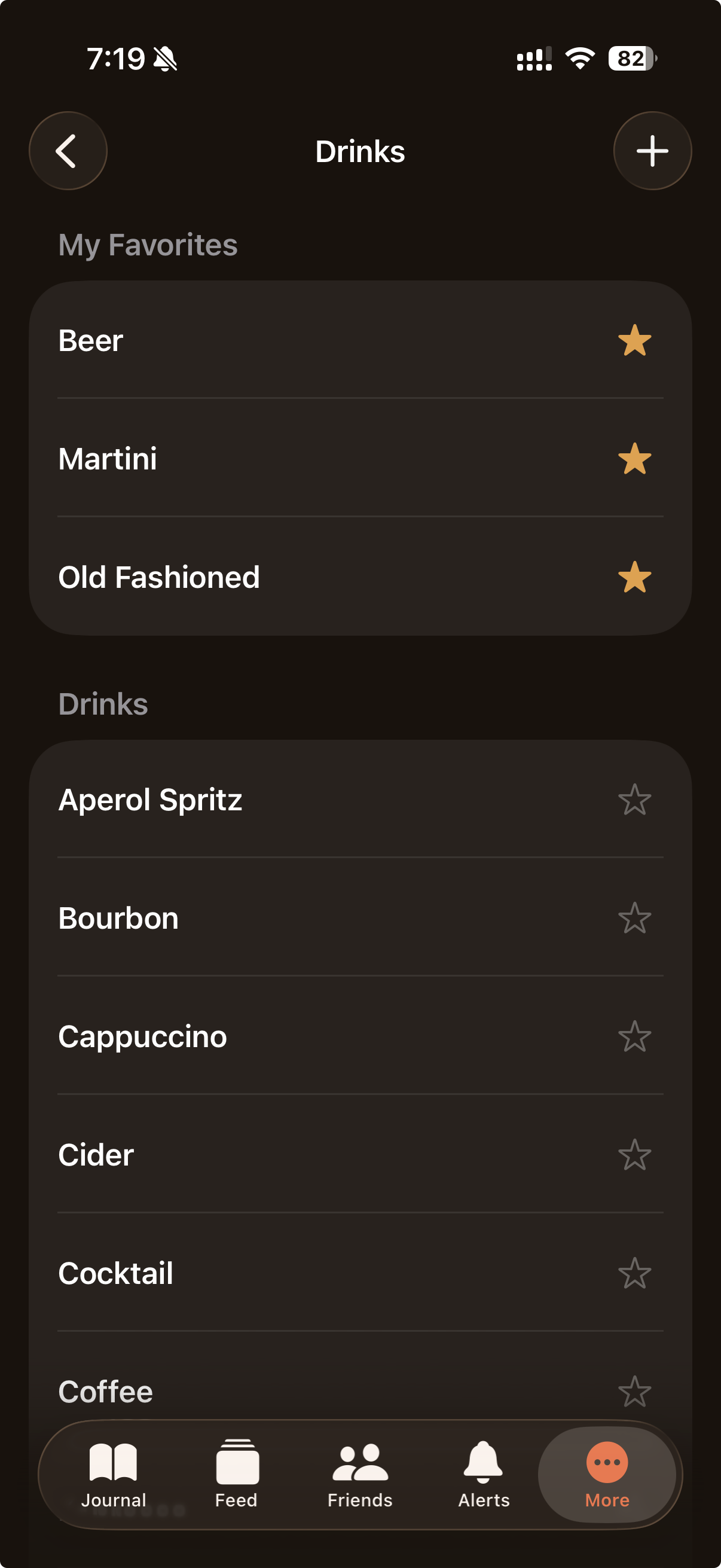 Pour Drinks screen listing favorites and the built-in drink catalog