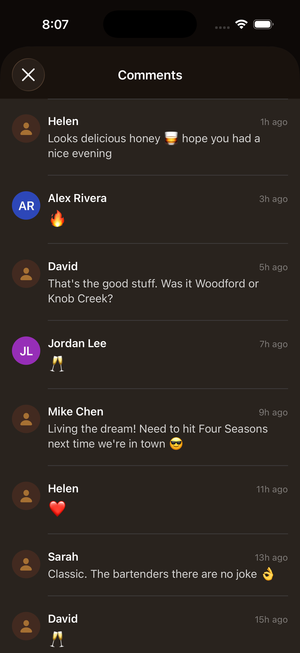 Pour social comments showing friends reacting to a drink post