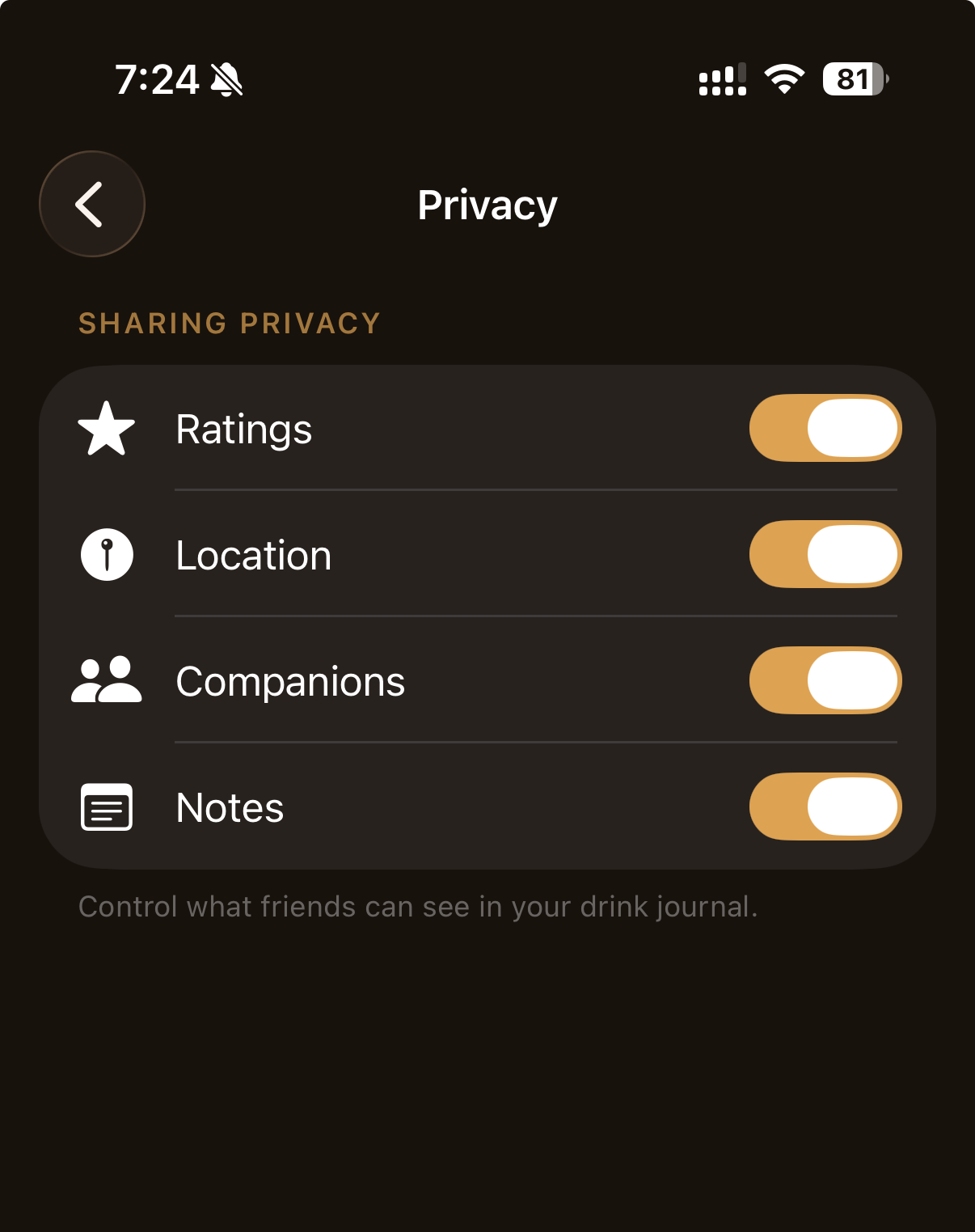 Pour Privacy settings showing per-field sharing toggles for Ratings, Location, Companions, and Notes